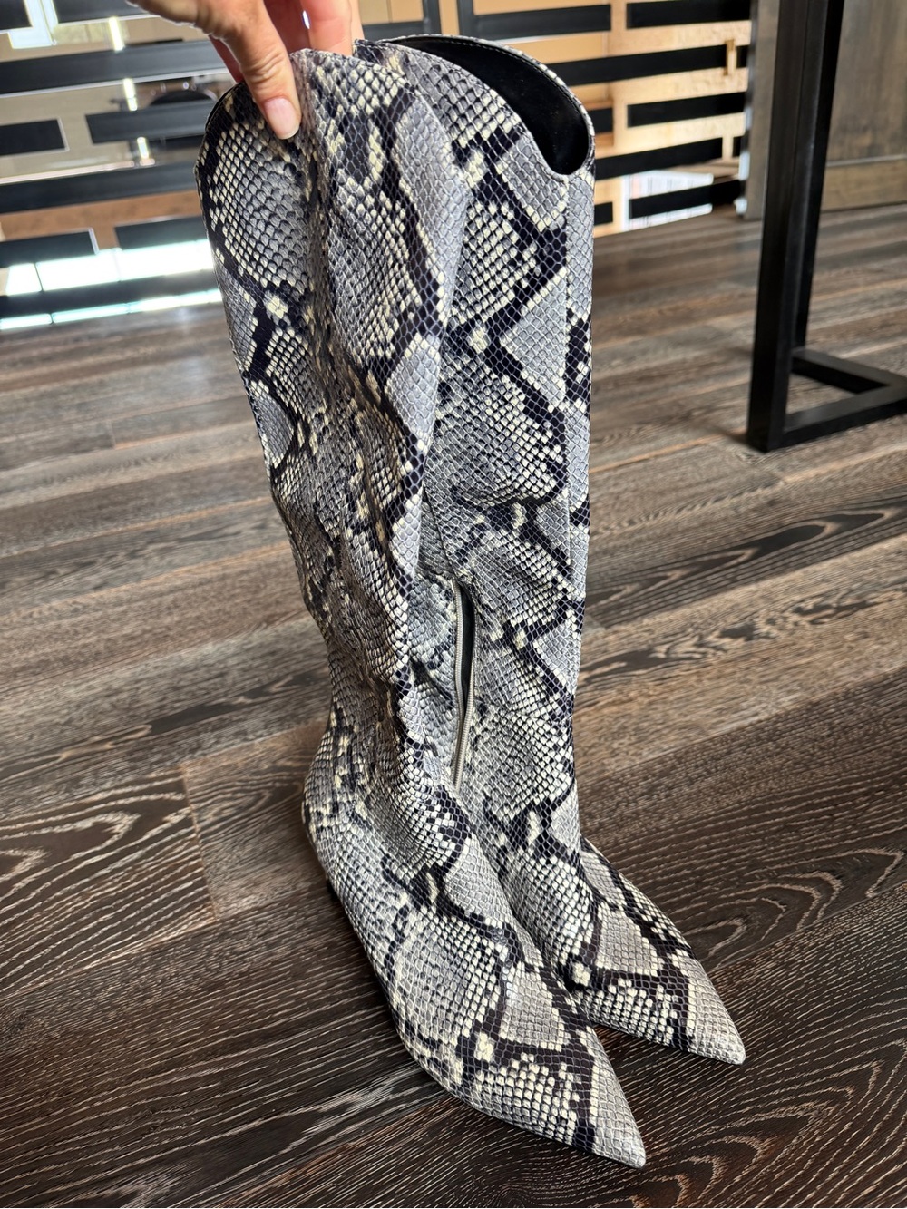 NEVER WORN- Marc Fisher Snake-Print Knee-High Heeled Boots — Gray/Black